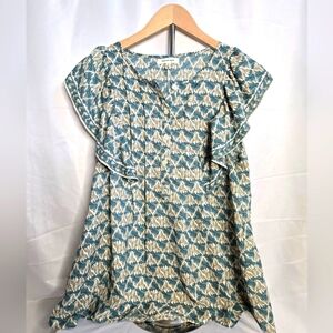 Max Studio Blue Floral Ruffle Sleeve Tunic Top Size Small